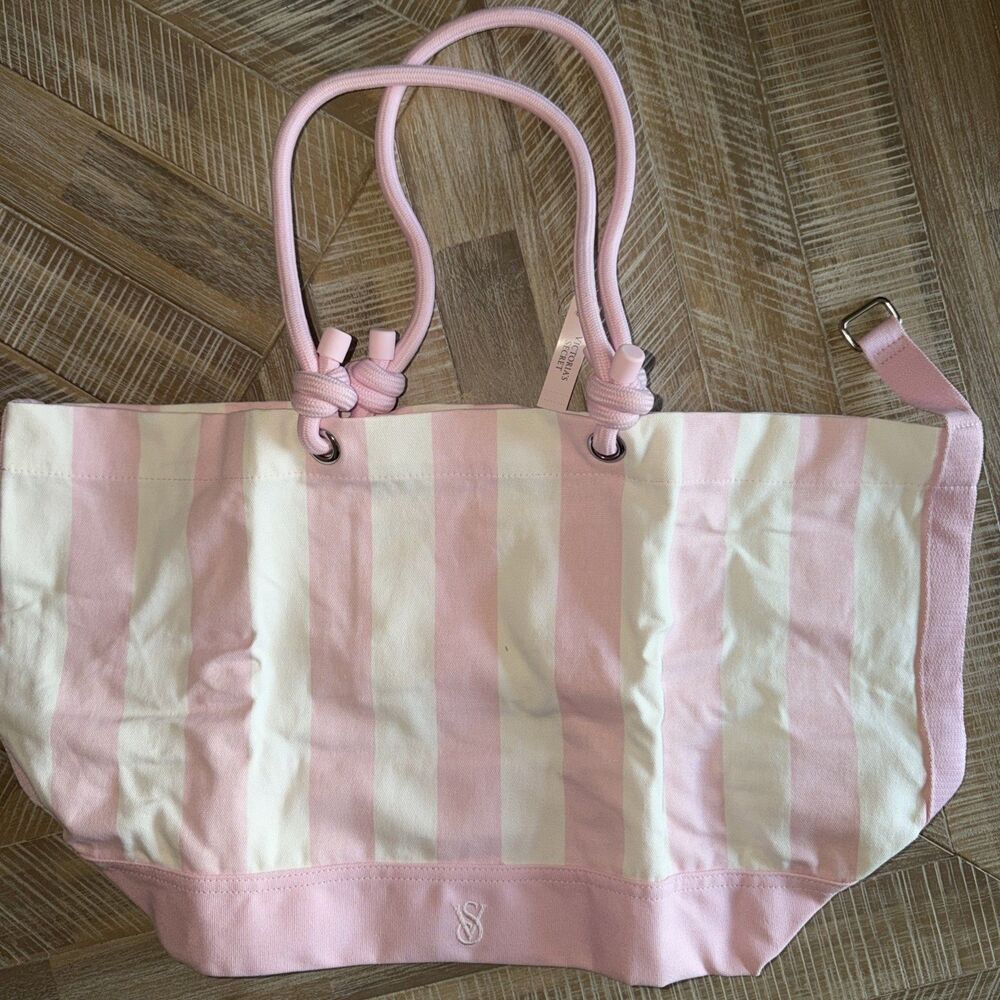 Brand New Victoria's Secret Heritage Pink & White Stripe Rope Handle Tote Bag